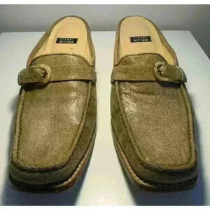 Stuart Weitzman Slide Women 7B Tan Beige Fabric Slip On Buckle Block Heel Spain